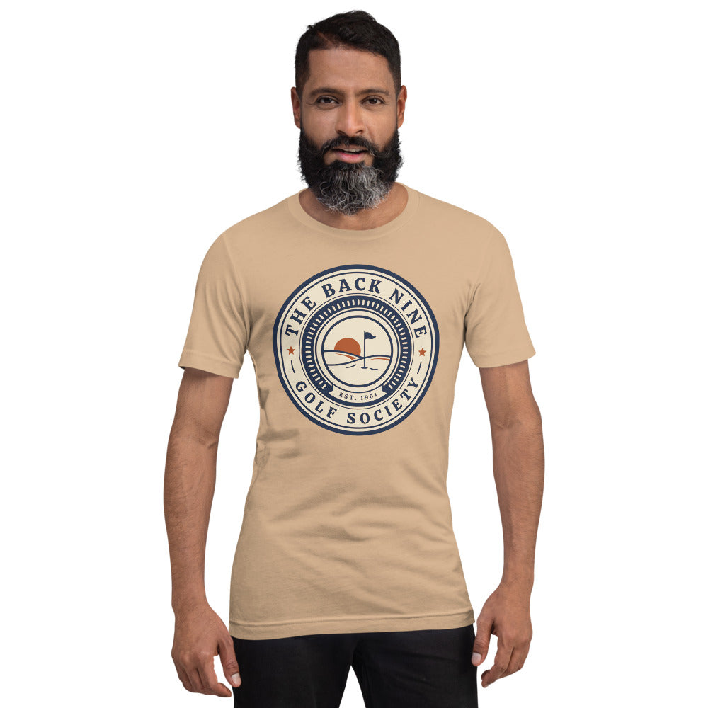 The Back Nine vintage golf roundel tee — Tan, on model