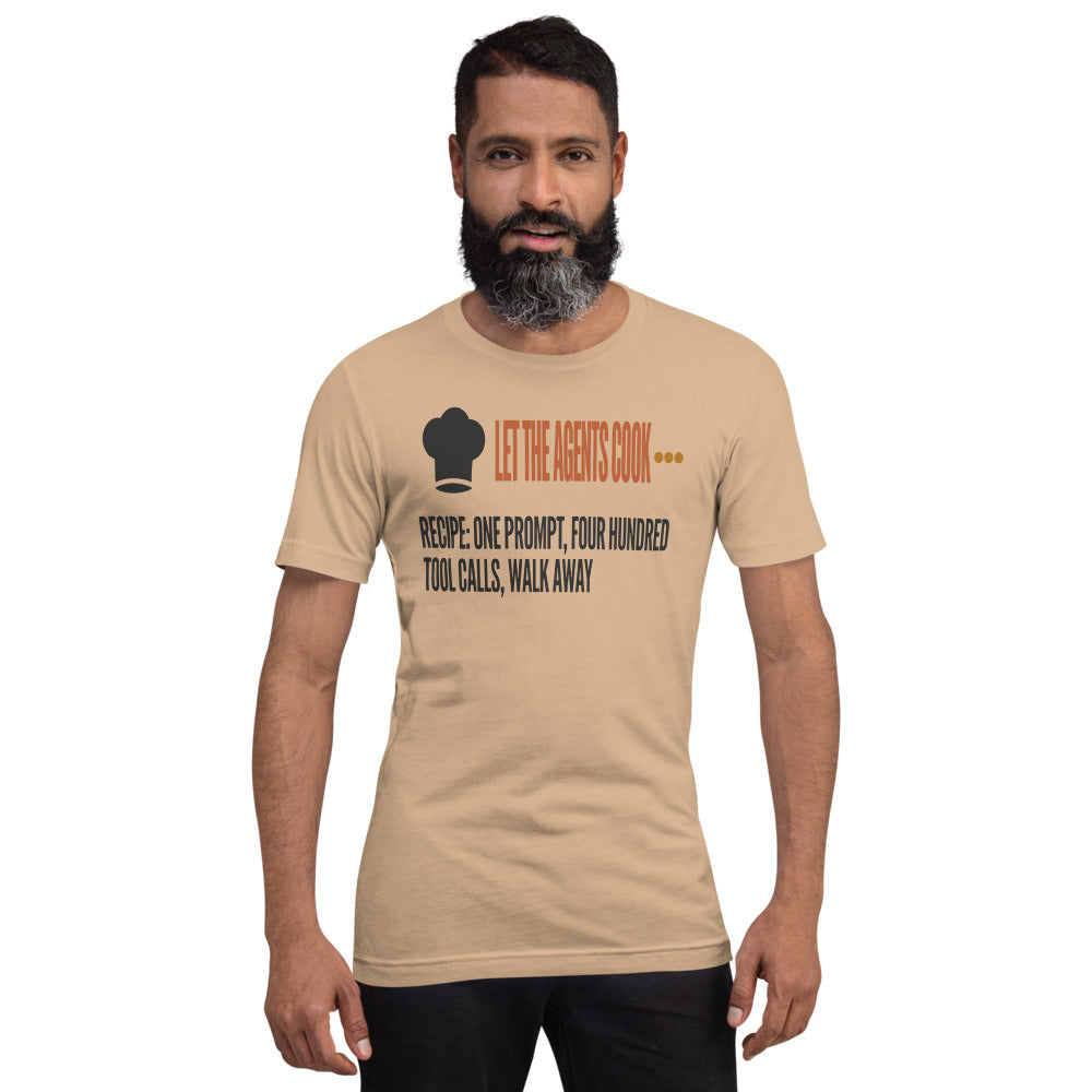 Let The Agents Cook tee — Tan, on model