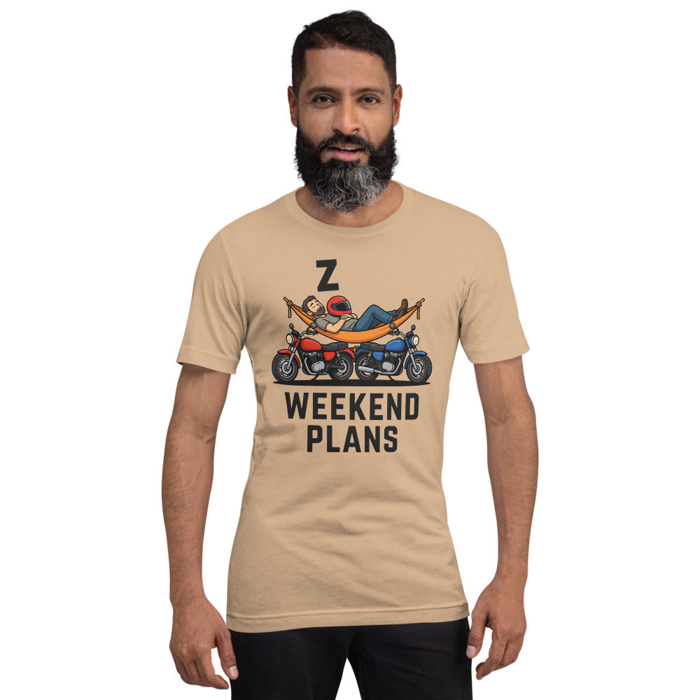 Weekend Plans funny motorcycle dad tee — Tan, on model