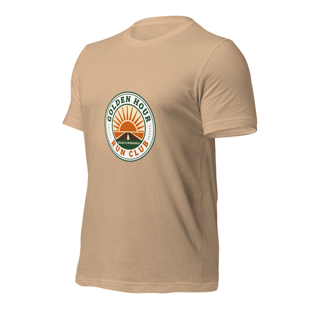Golden Hour Run Club retro running tee — Tan, front-right