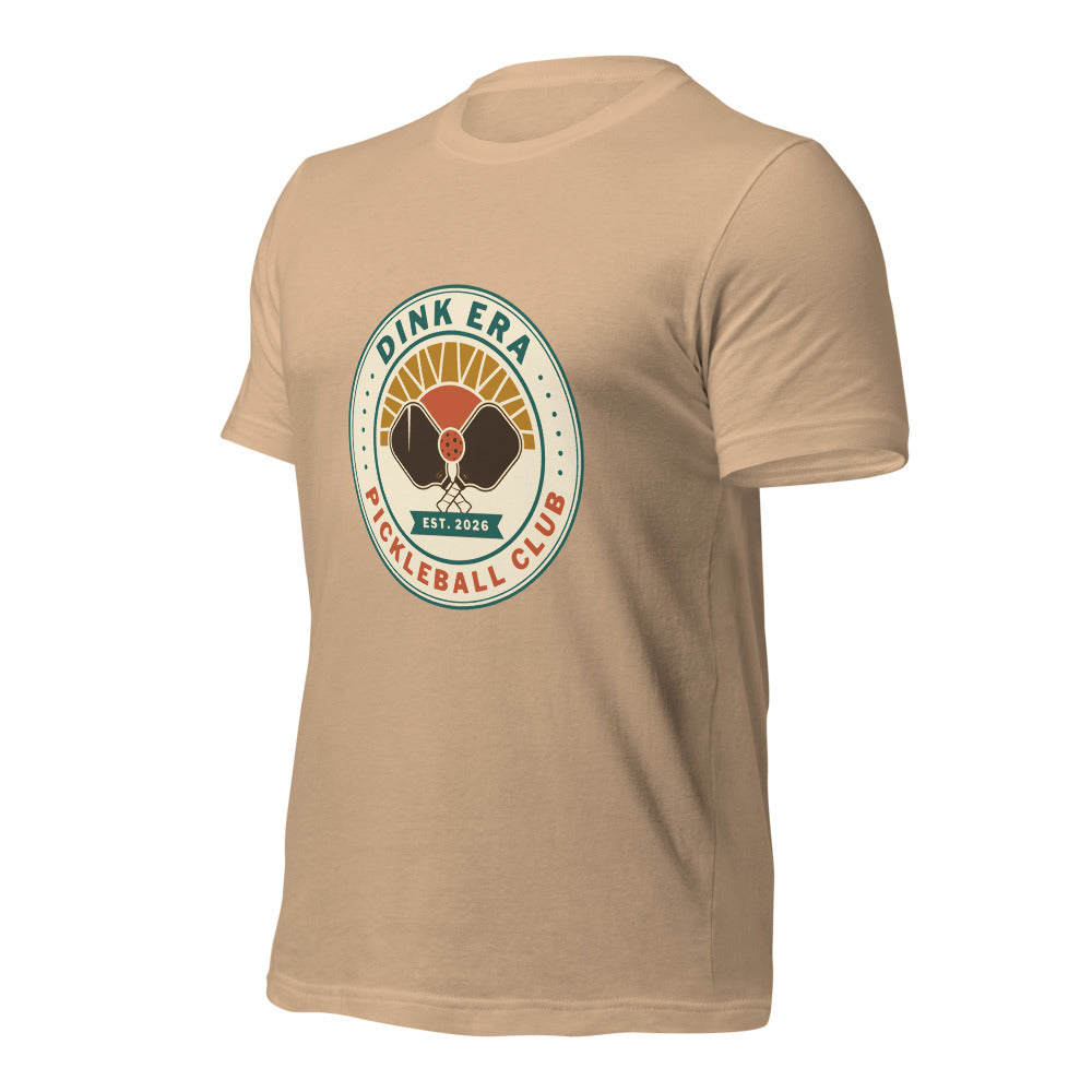 Dink Era Pickleball Club retro tee — Tan, front-right
