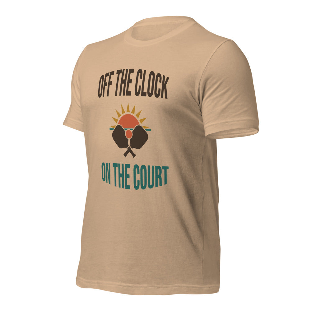 Off The Clock On The Court retro pickleball tee — Tan, side