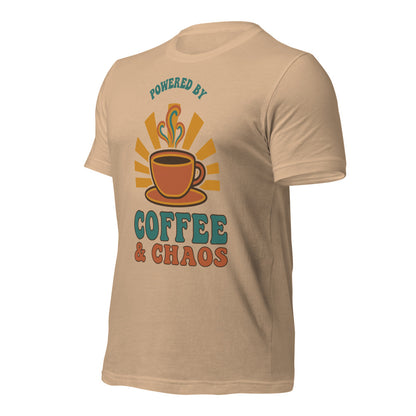 Powered By Coffee And Chaos retro groovy teacher tee — Tan, front right angle