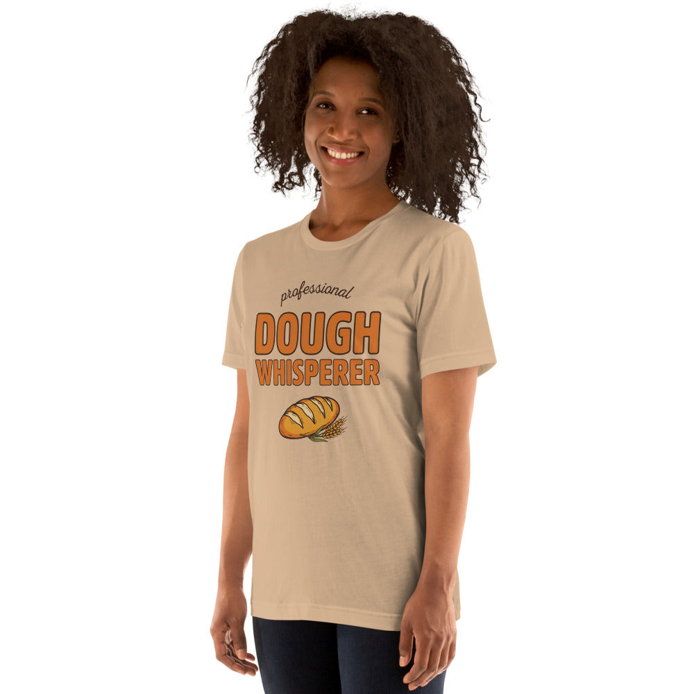 Professional Dough Whisperer funny baker tee — Tan, on model