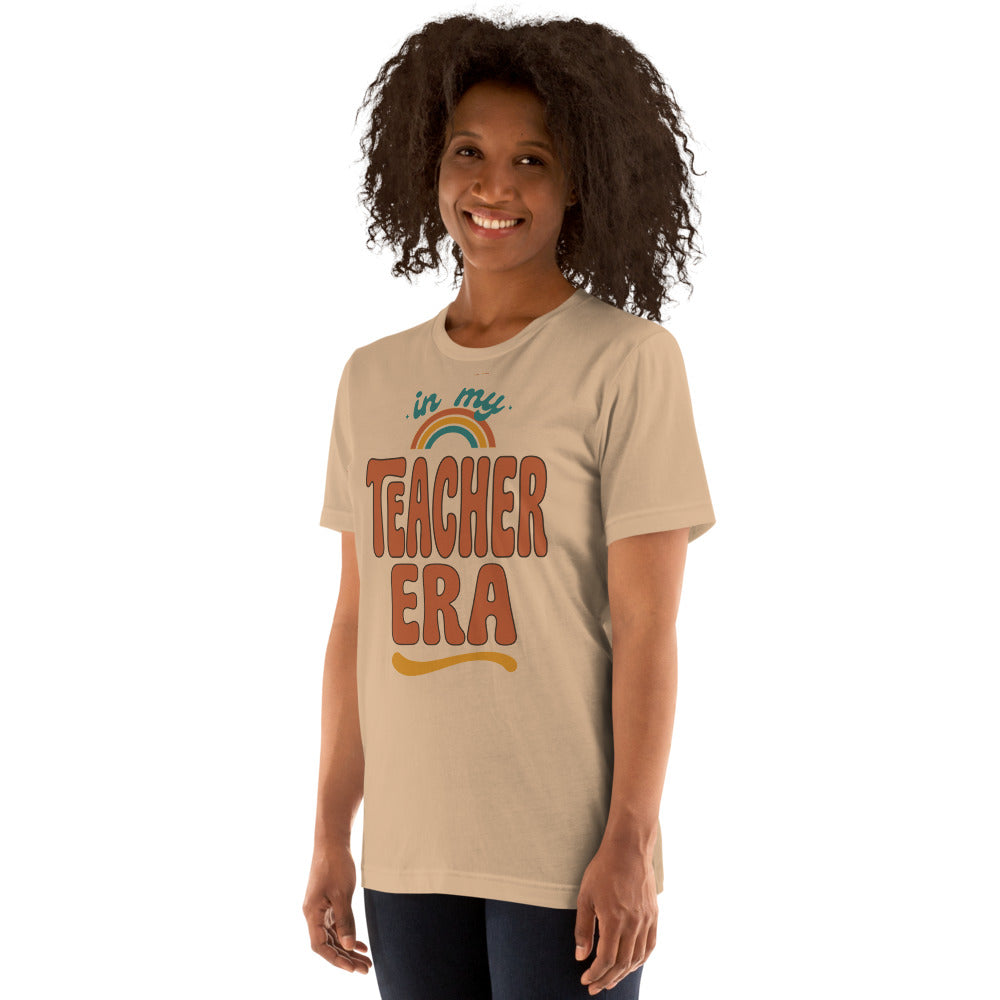 In My Teacher Era retro groovy teacher tee — Tan, on model