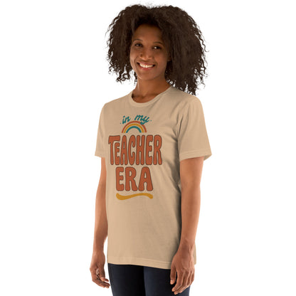 In My Teacher Era retro groovy teacher tee — Tan, on model