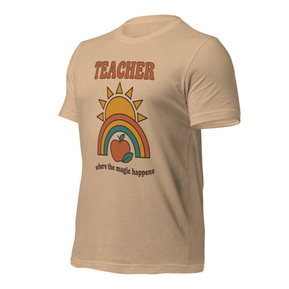 Teacher Where The Magic Happens retro groovy teacher tee — Tan, front angle