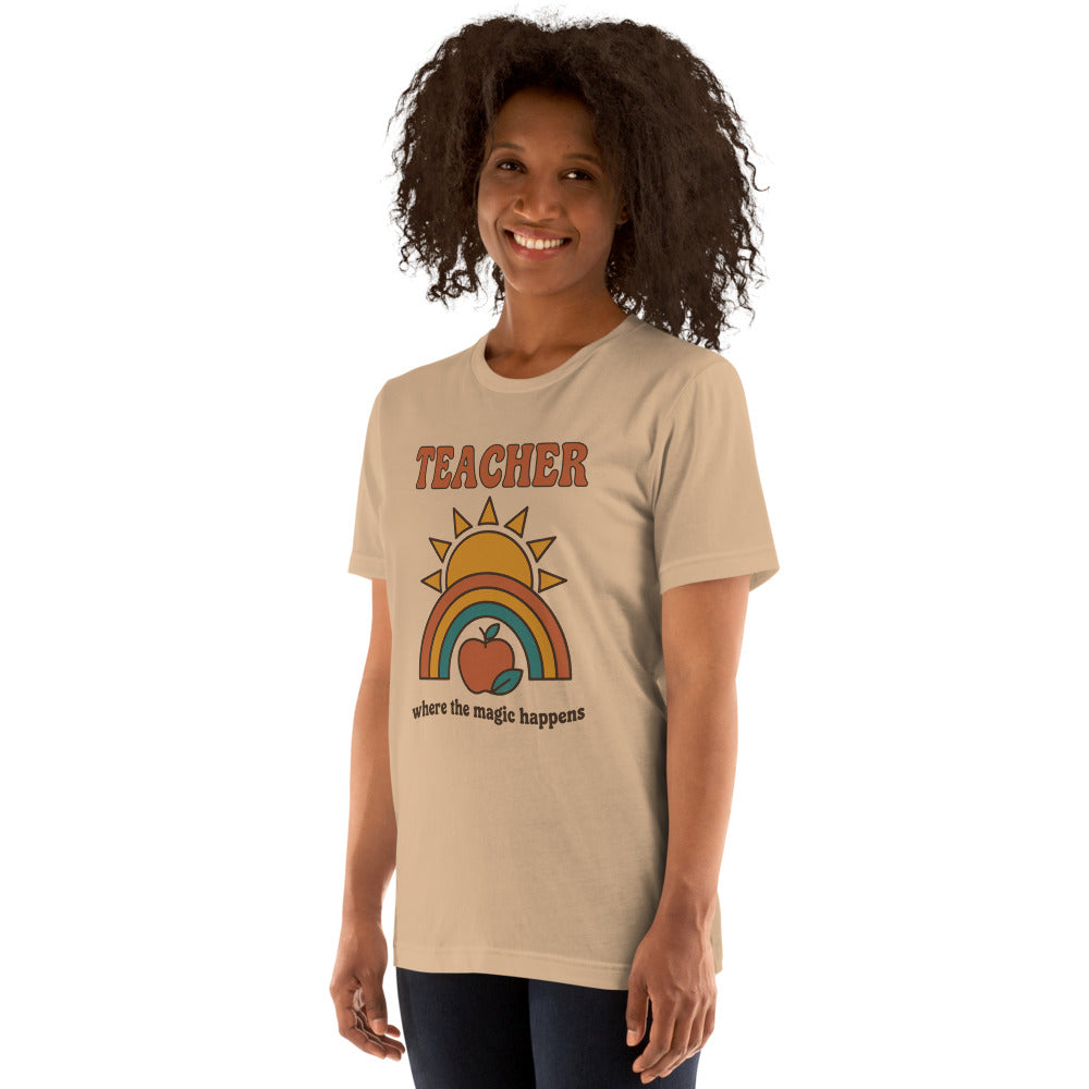 Teacher Where The Magic Happens retro groovy teacher tee — Tan, on model