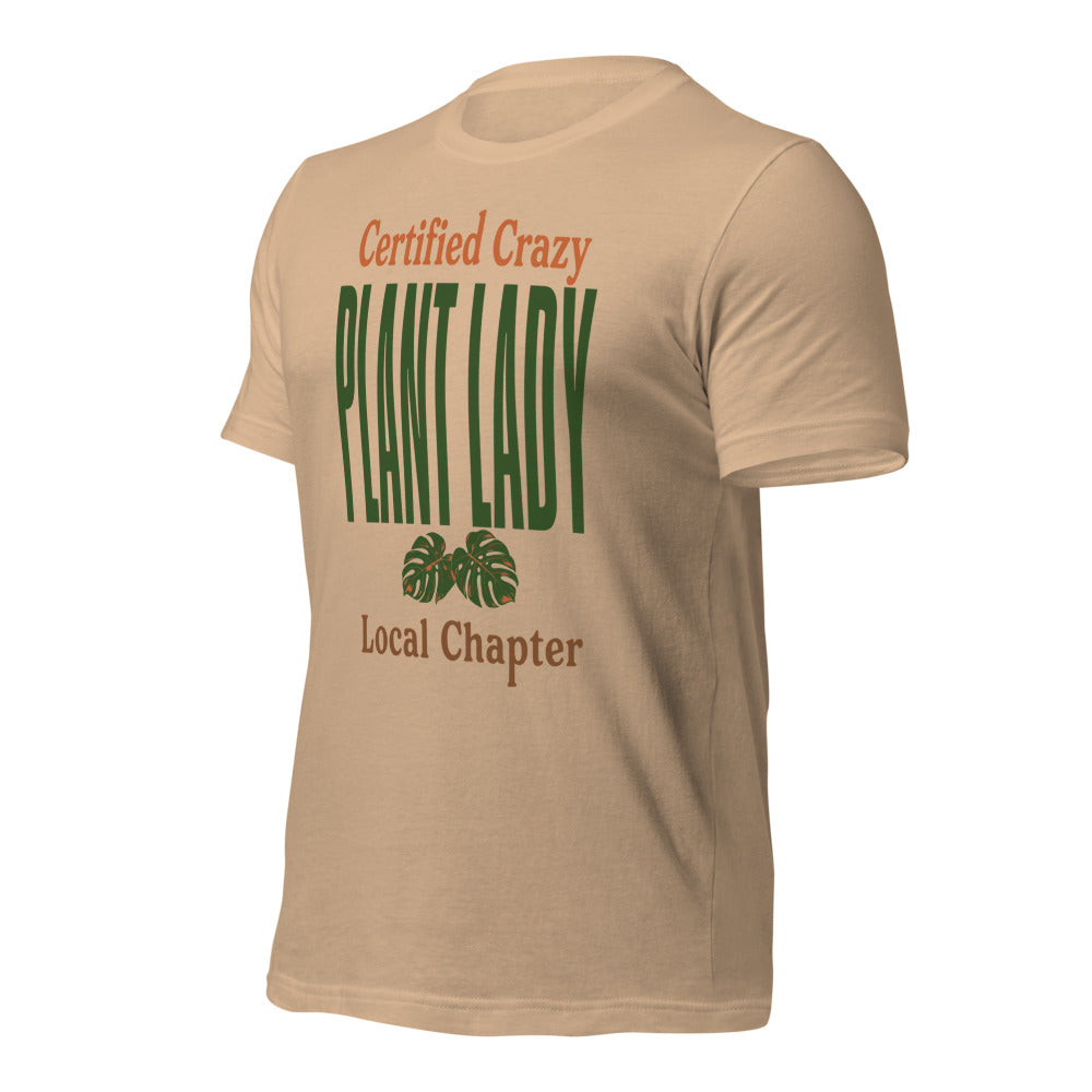 Certified Crazy Plant Lady retro botanical tee — Tan, front right