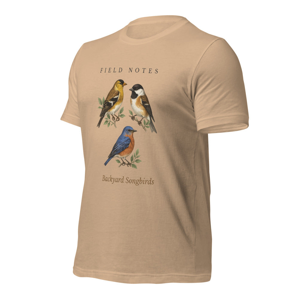 Backyard Songbirds vintage field-guide tee — Tan, front-right