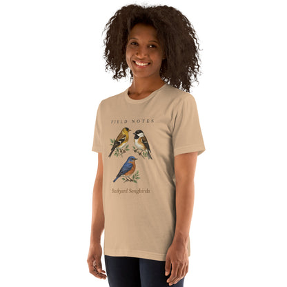 Backyard Songbirds vintage field-guide tee — Tan, on model