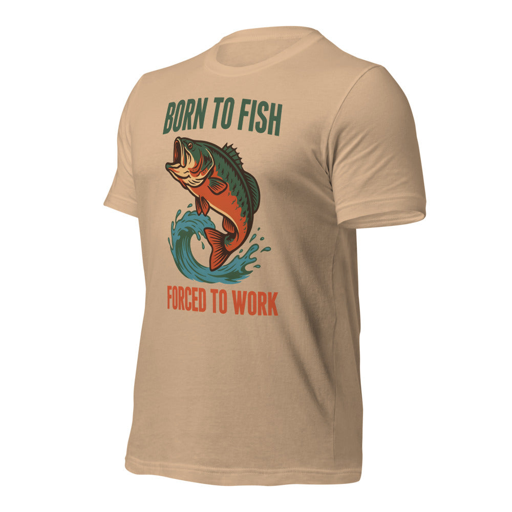 Born to Fish Forced to Work retro fishing humor tee — Tan, front-right