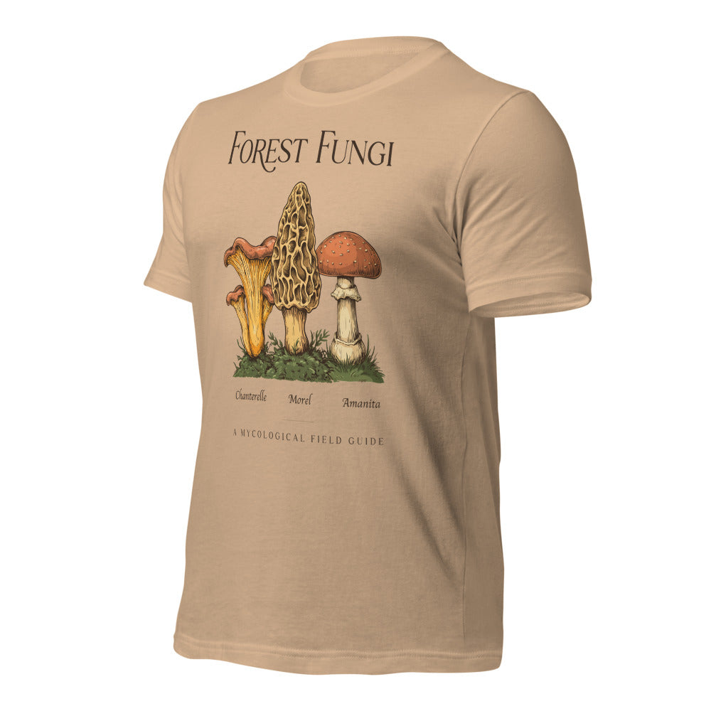 Forest Fungi vintage mushroom field guide tee — Tan, front-right