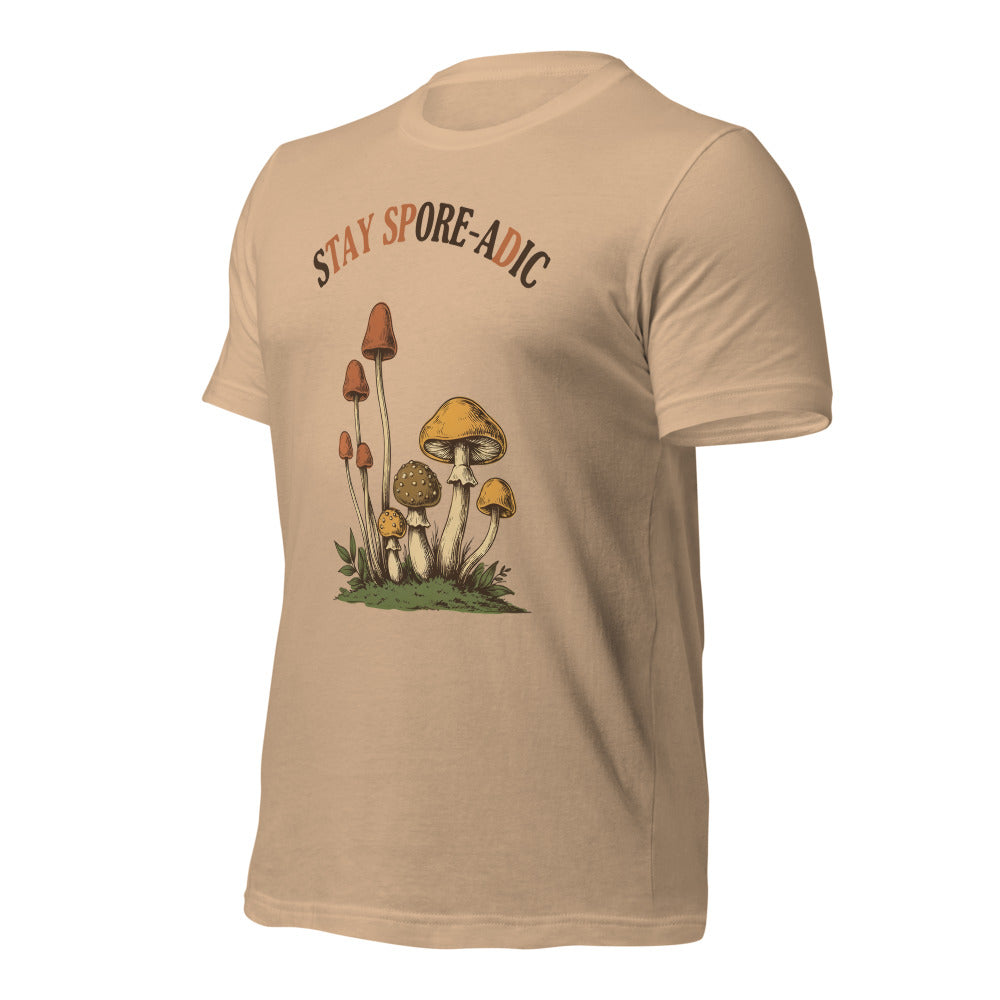 Stay Spore-adic funny vintage mushroom tee — Tan, front-right