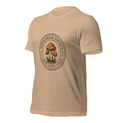 Mushroom Foraging Mycological Society vintage botanical tee — Tan, front-right