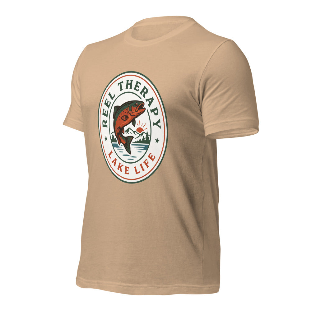 Reel Therapy retro national-park trout badge fishing tee — Tan, front-right