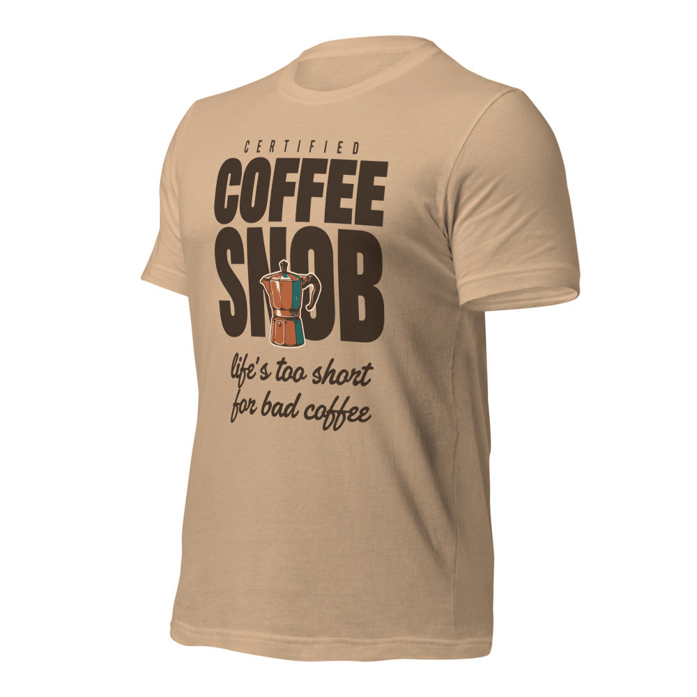 Certified Coffee Snob coffee tee — Tan, front-right