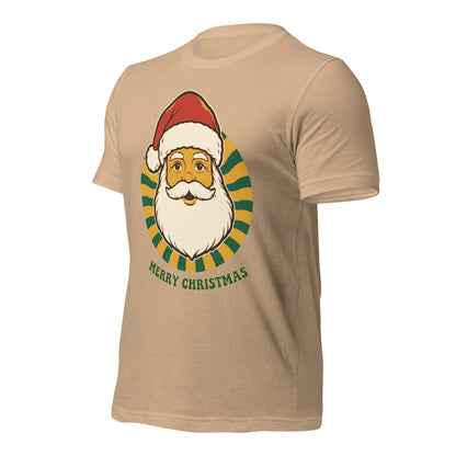 Groovy Santa retro Christmas tee — Tan, front-right