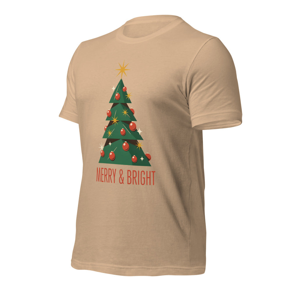 Atomic mid-century retro Christmas tree tee — Tan, front-right