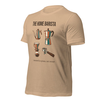 The Home Barista specialty coffee tee — Tan, front-right
