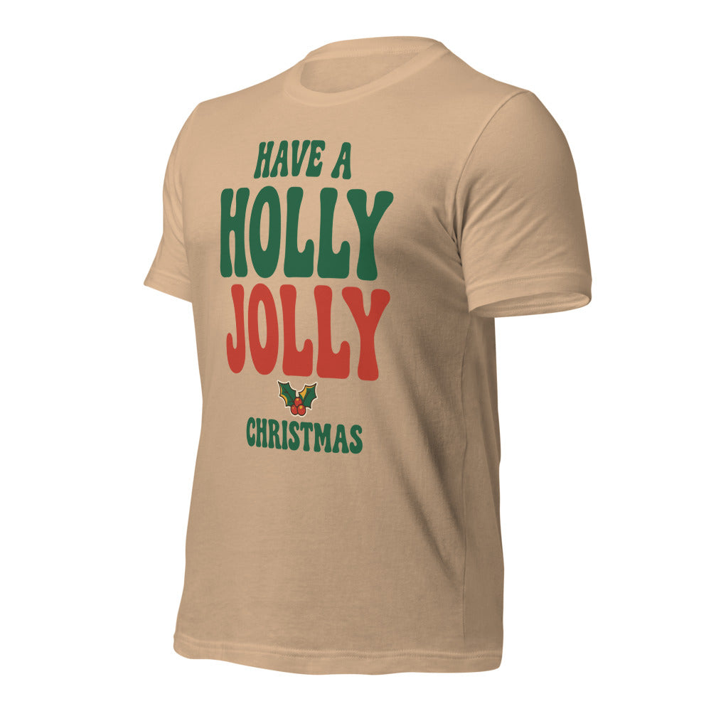 Groovy Holly Jolly retro Christmas tee — Tan, front-right