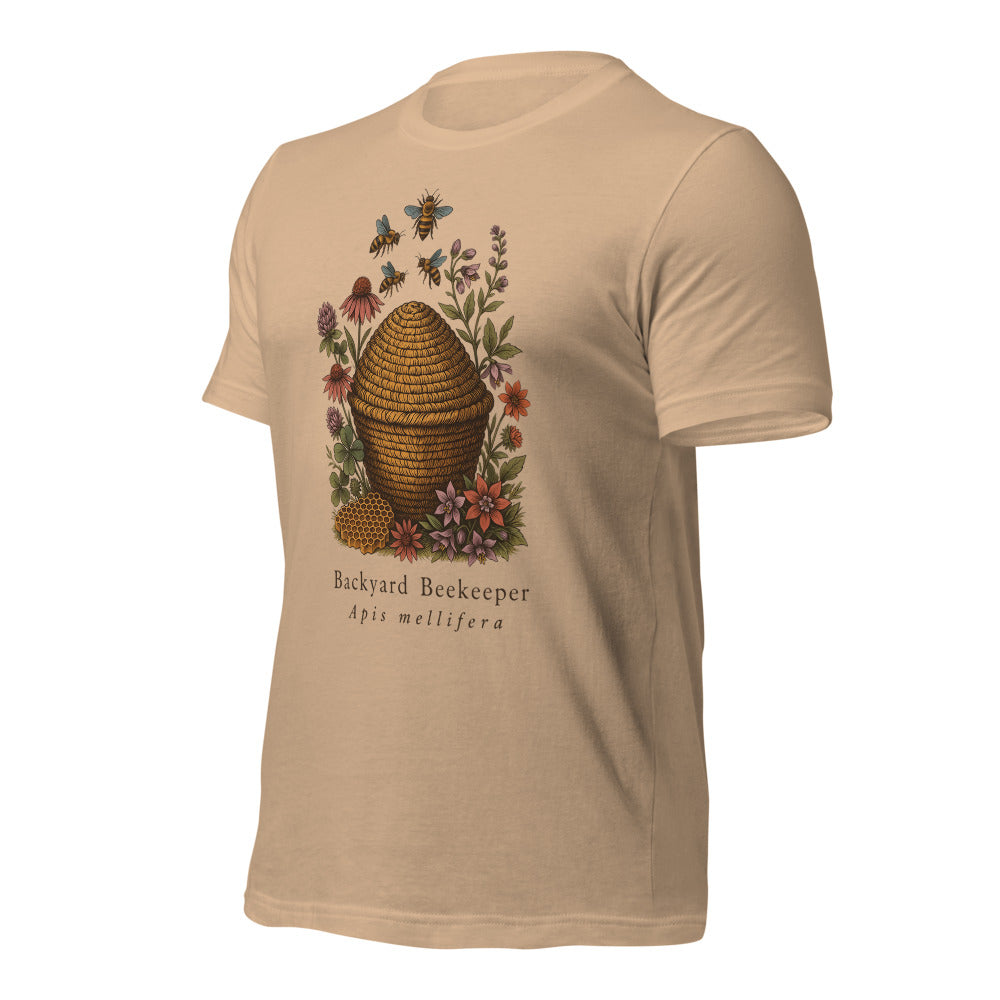 Backyard Beekeeper field-guide bee tee — Tan, front-right