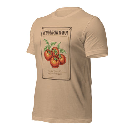 Homegrown Heirloom Seed Packet gardening tee — Tan, front-right