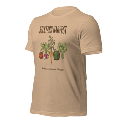 Backyard Harvest heirloom vegetable gardening tee — Tan, front-right