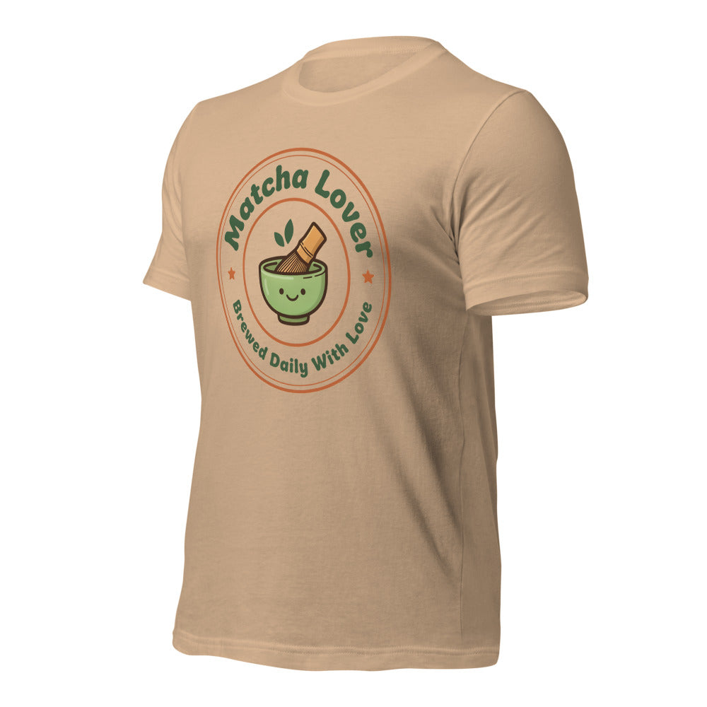 Matcha Lover retro café badge tee — Tan, front-right