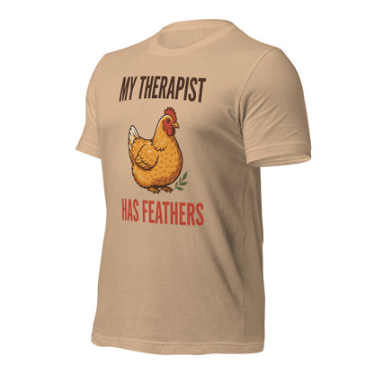My Therapist Has Feathers funny chicken keeper tee — Tan, front-right
