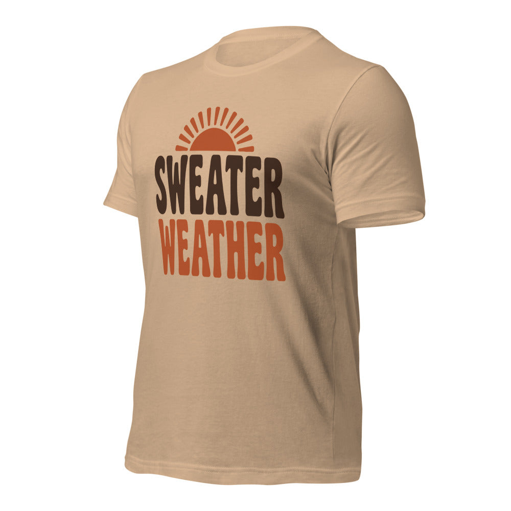 Sweater Weather retro 70s fall t-shirt — Tan, front-right