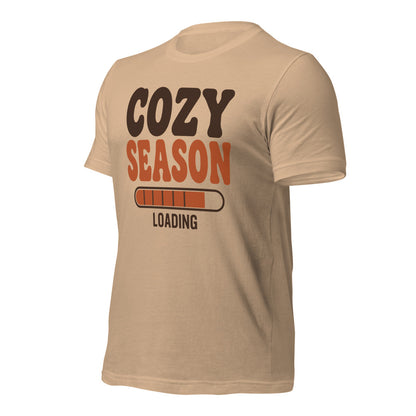 Cozy Season Loading retro 70s fall t-shirt — Tan, front-right