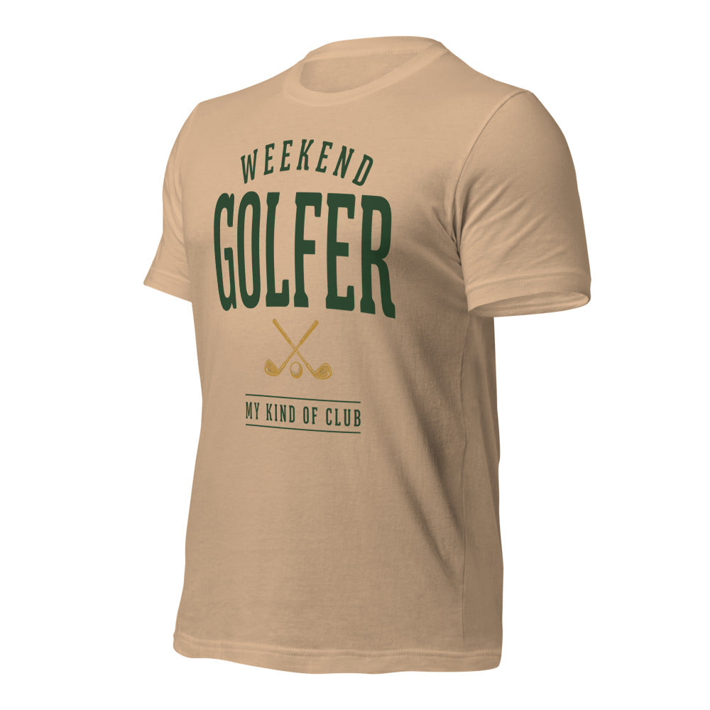 Weekend Golfer vintage golf wordmark tee — Tan, front-right