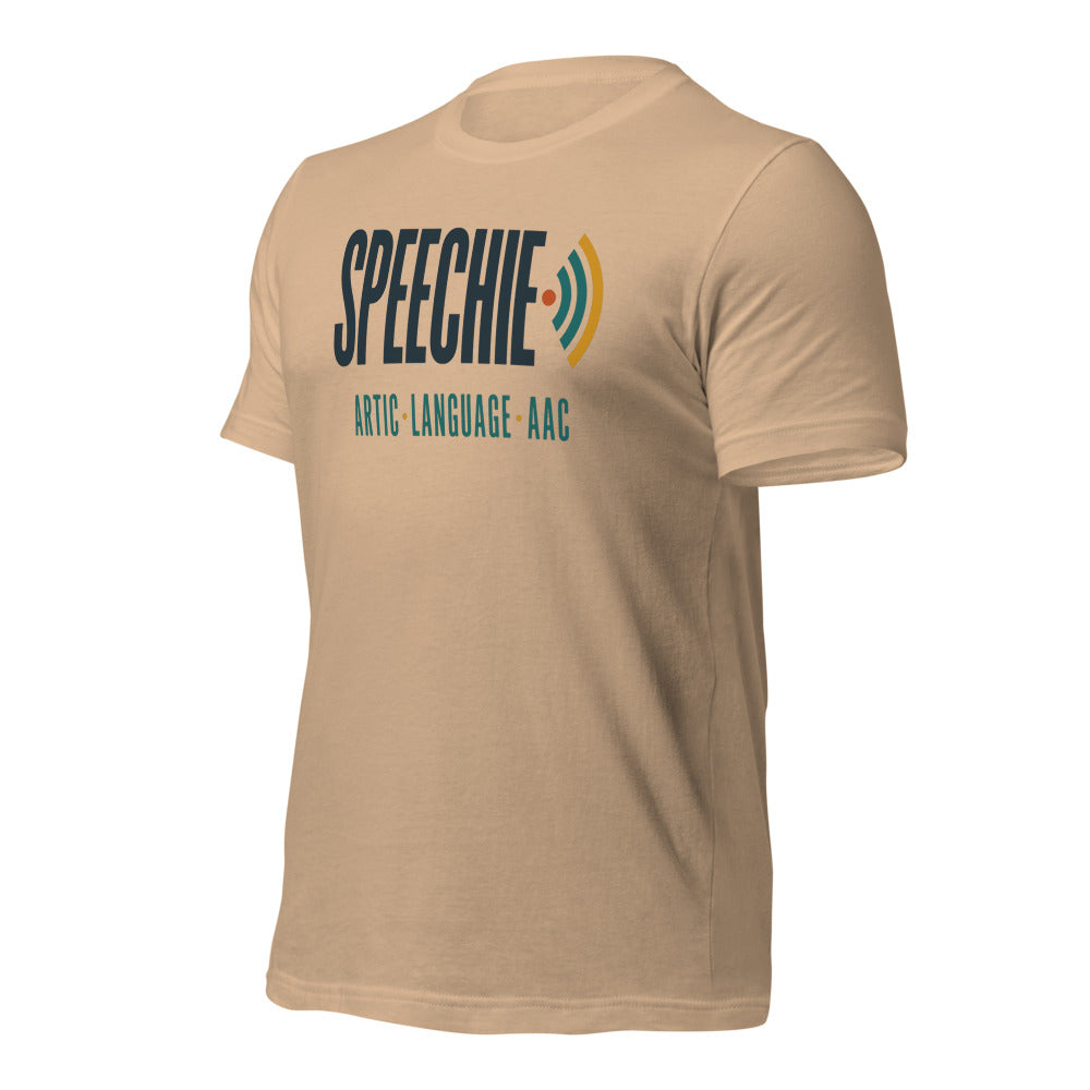 Speechie Wordmark speech therapy tee — Tan, front-right