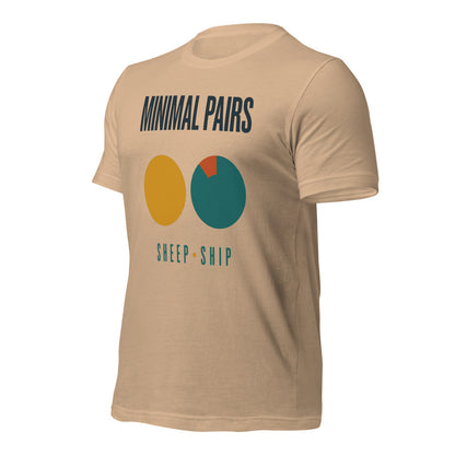 Minimal Pairs speech therapy tee — Tan, front-right