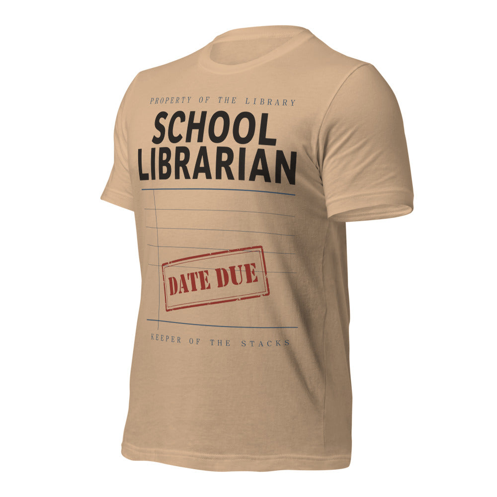 Property of the School Library card catalog school librarian tee — Tan, front-right