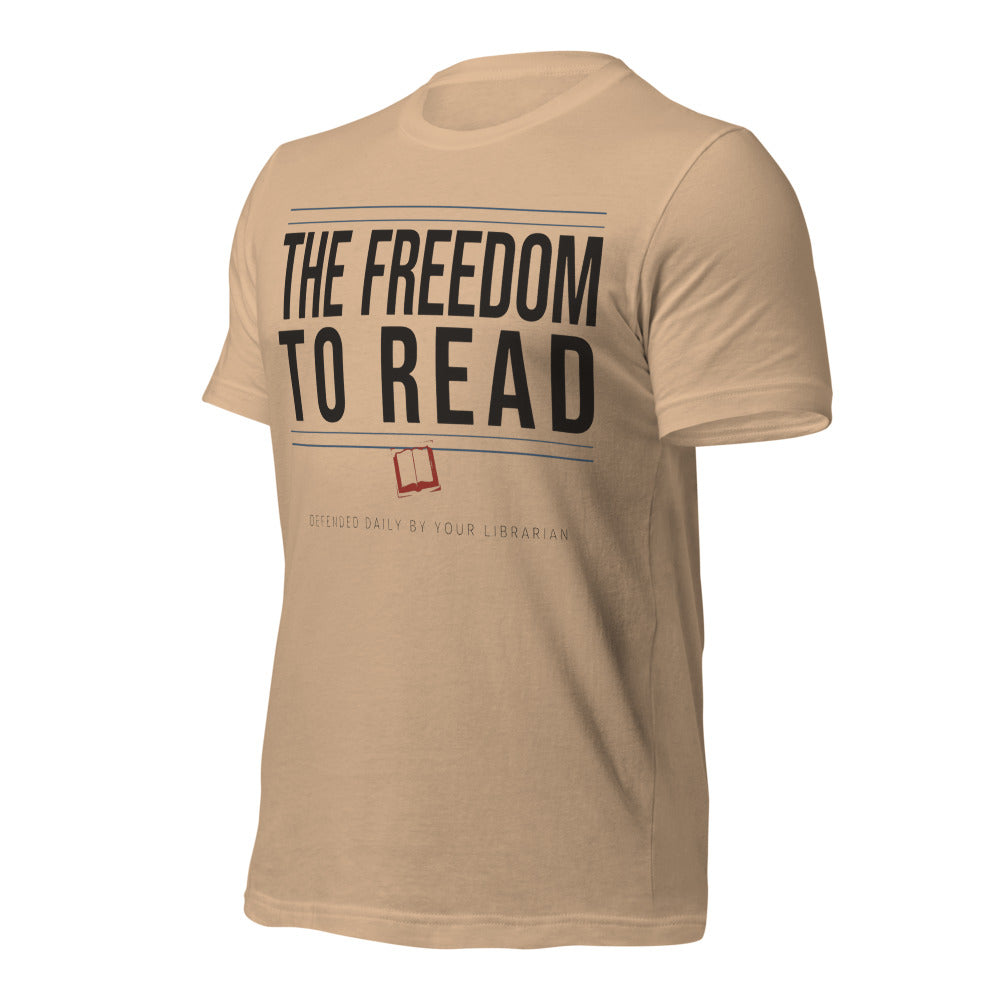 The Freedom to Read school librarian tee — Tan, front-right