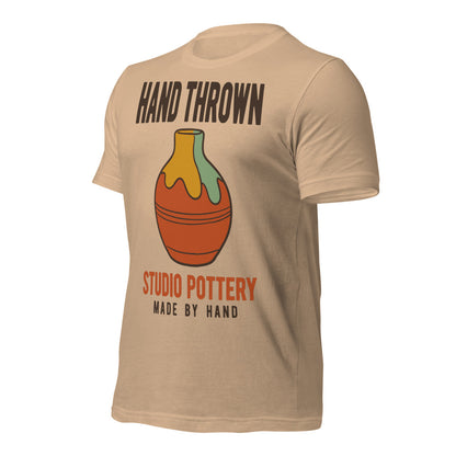 Hand Thrown Studio Pottery retro poster t-shirt — Tan, front-right