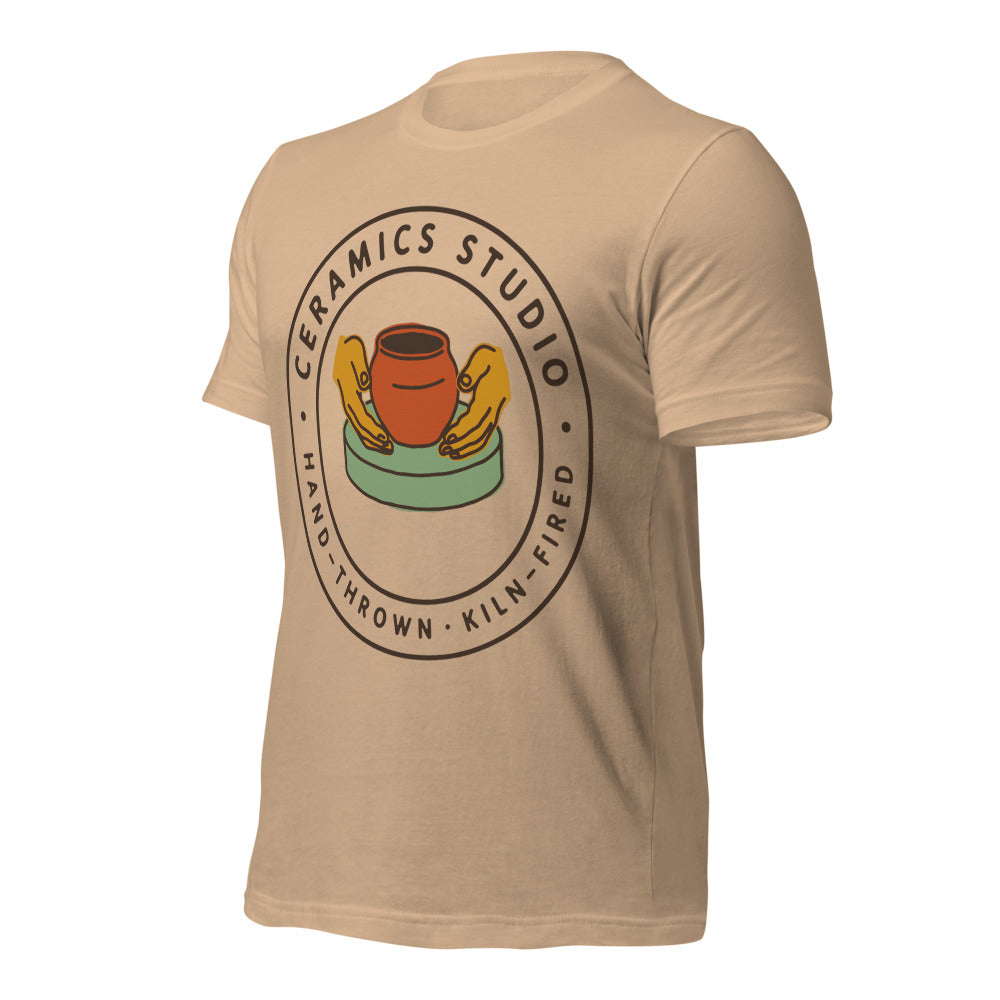 Ceramics Studio Badge hand-thrown pottery t-shirt — Tan, front-right