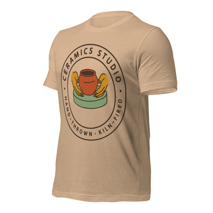 Ceramics Studio Badge hand-thrown pottery t-shirt — Tan, front-right