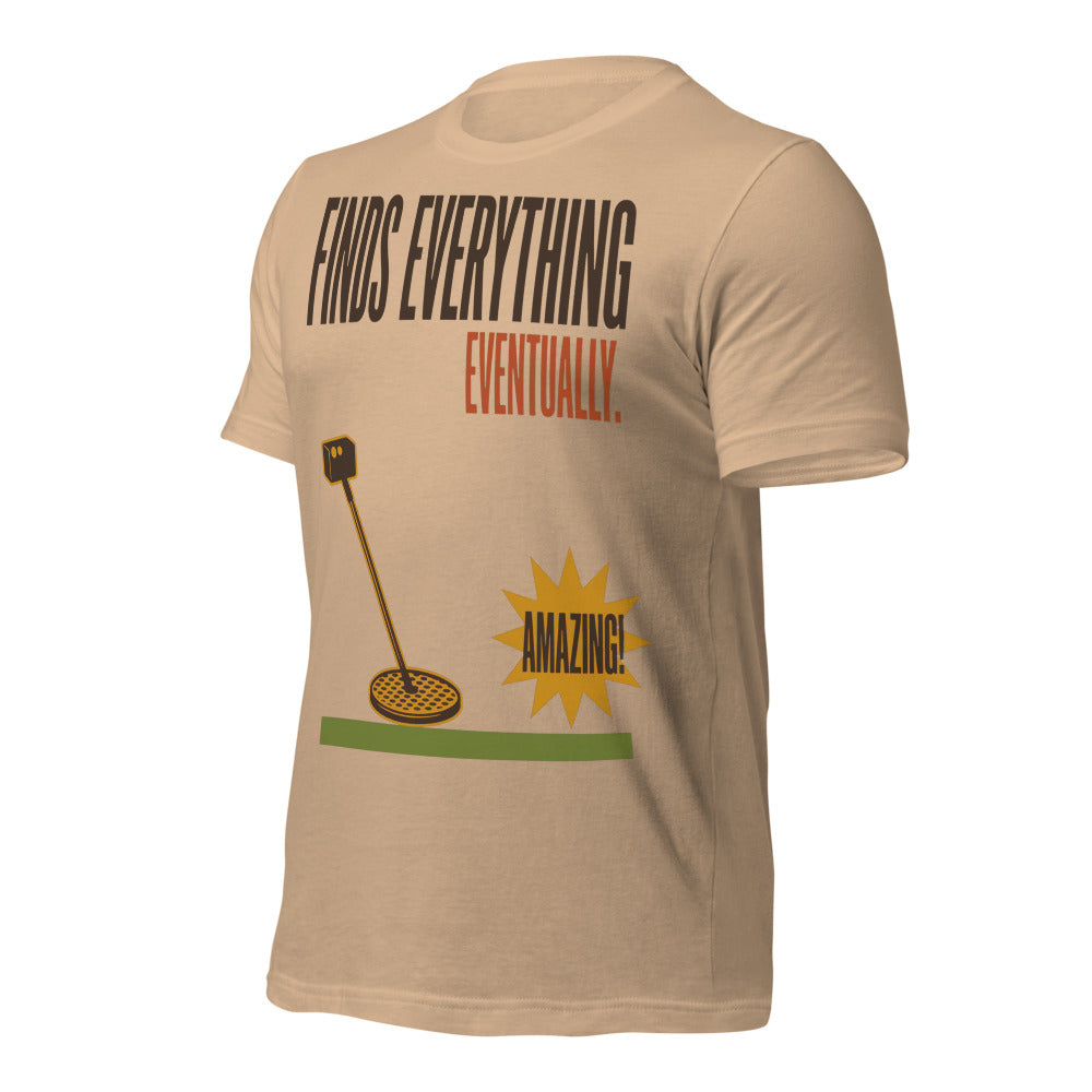 Finds Everything Eventually retro metal detecting tee — Tan, front-right