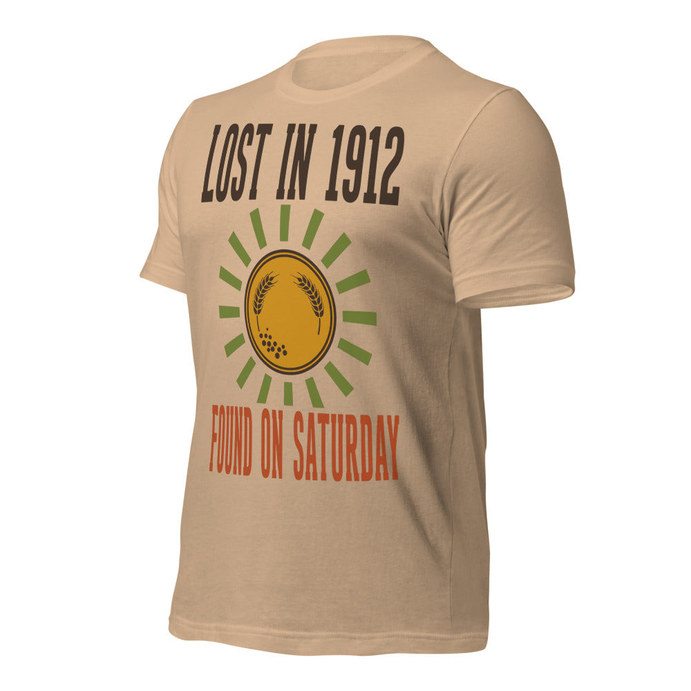 Lost in 1912 Found on Saturday retro metal detecting tee — Tan, front-right