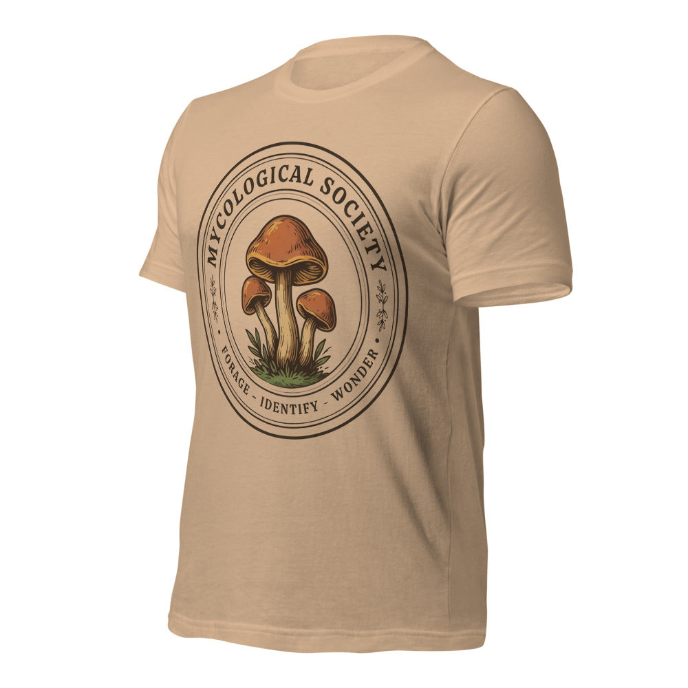 Mushroom Foraging Mycological Society vintage botanical tee — Tan, front-right