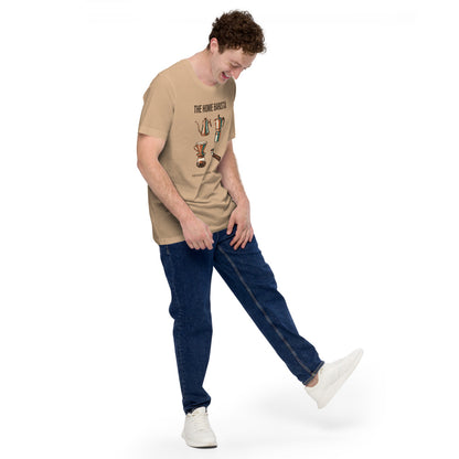 The Home Barista specialty coffee tee — Tan, on model