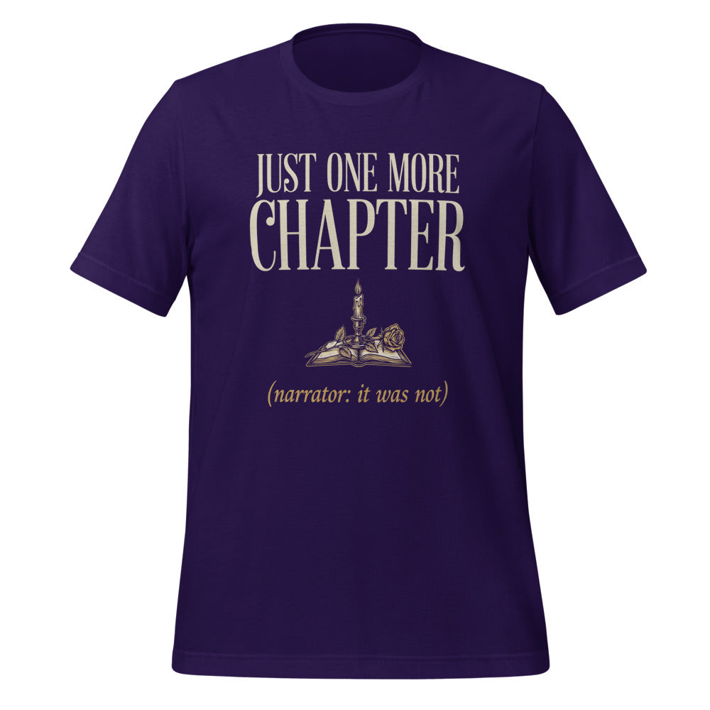 Just One More Chapter book lover dark academia tee — Team Purple, front