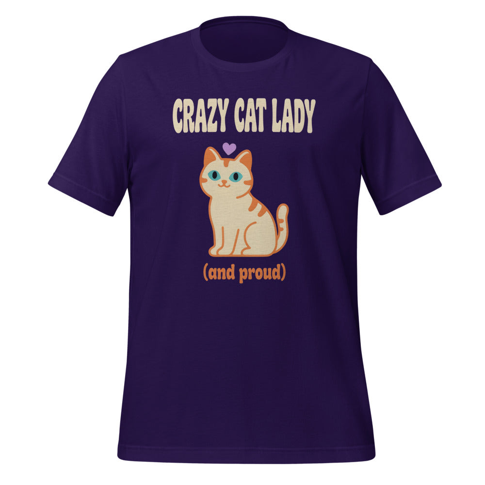 Crazy Cat Lady and Proud retro Y2K tee — Team Purple, front