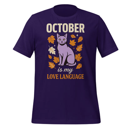 October Is My Love Language retro Halloween black cat tee — Team Purple, front