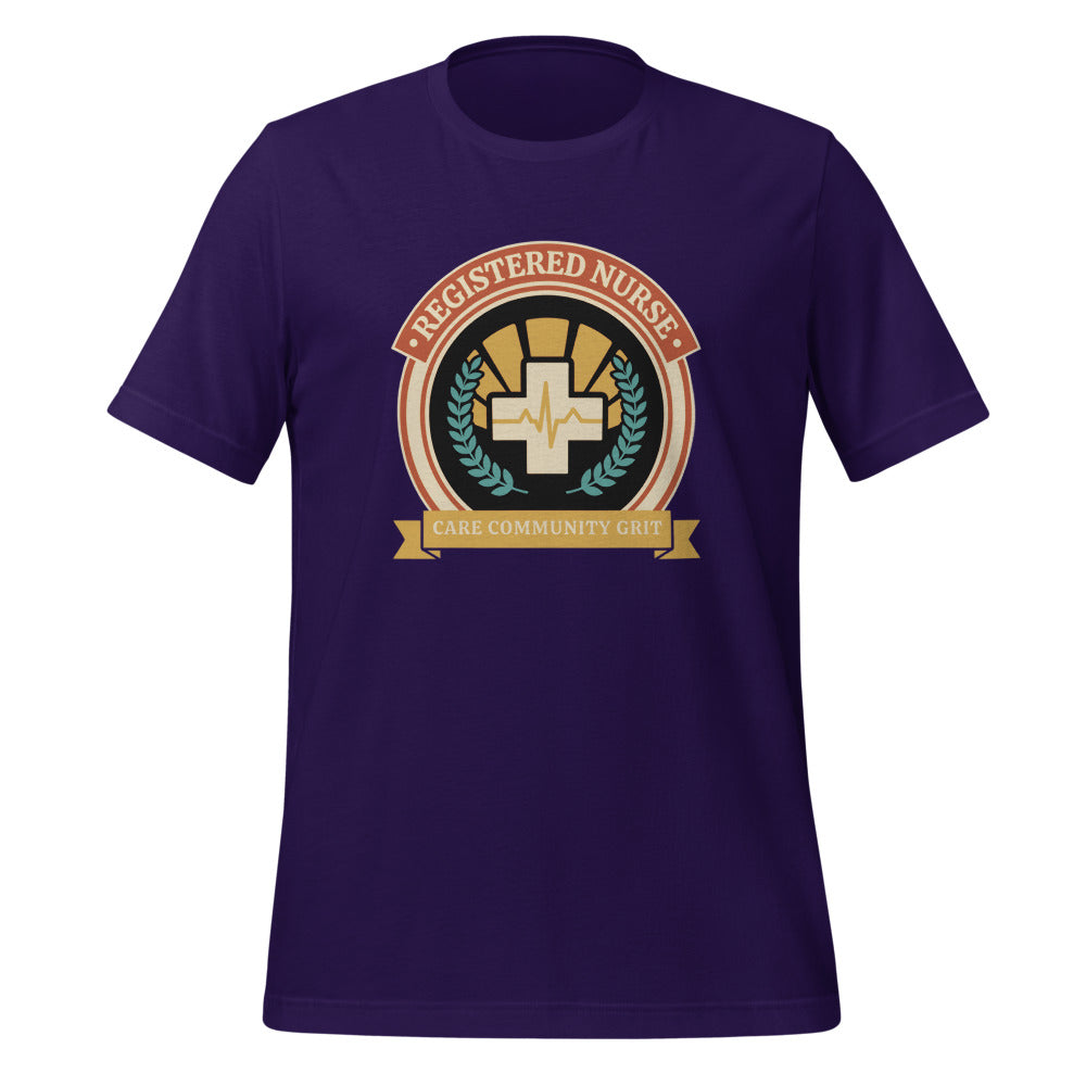 Registered Nurse vintage healthcare emblem badge tee — Team Purple, front