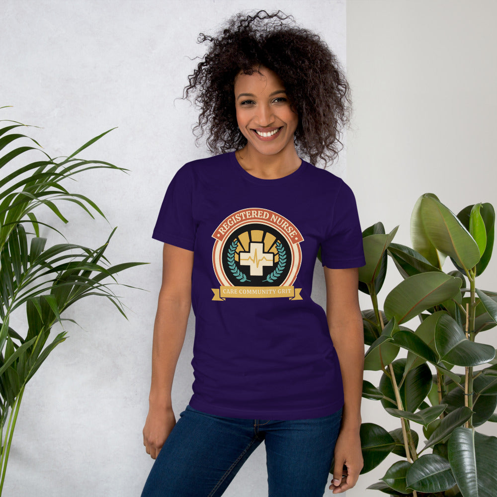 Registered Nurse vintage healthcare emblem badge tee — Team Purple, on model