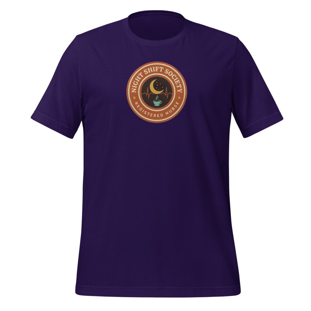 Night Shift Society retro registered nurse badge tee — Team Purple, front
